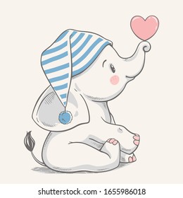 Hand drawn vector illustration of a cute baby elephant in a striped sleeping cap.