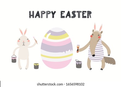 Hand drawn vector illustration with cute funny bunny, anteater painting eggs, text Happy Easter. Isolated on white background. Scandinavian style flat design. Concept for children print, card, invite.