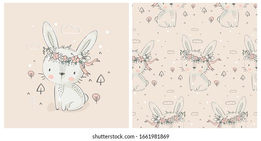 Hand drawn vector Illustration of Cute Bunny with seamless pattern. Can be used for baby t-shirt print, fashion print design, kids wear, baby shower celebration greeting and invitation card.