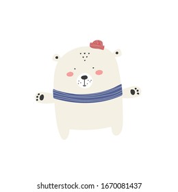 Hand drawn vector illustration of a cute funny bear in a blue scarf. Isolated on white. Scandinavian style flat design. Concept for apparel, nursery print. Fashion, character