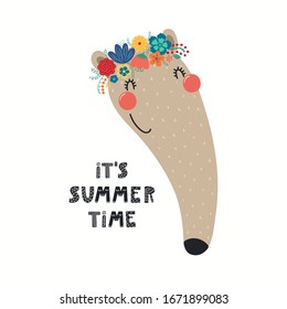 Hand drawn vector illustration of a cute anteater face in a flower crown, with lettering quote Its Summer Time. Isolated objects on white. Scandinavian style flat design. Concept for children print.