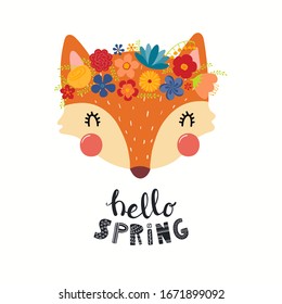 Hand drawn vector illustration of a cute fox face in a flower crown, with lettering quote Hello Spring. Isolated objects on white. Scandinavian style flat design. Concept for children print.