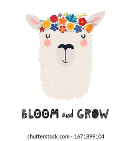 Hand drawn vector illustration of a cute llama face in a flower crown, with lettering quote Bloom and Grow. Isolated objects on white. Scandinavian style flat design. Concept for children print.
