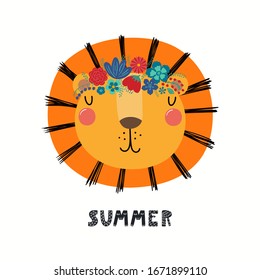 Hand drawn vector illustration of a cute lion face in a flower crown, with lettering quote Summer. Isolated objects on white. Scandinavian style flat design. Concept for children print.