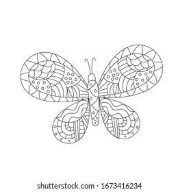 Hand drawn vector illustration. Cute butterfly on a white background, coloring book for kids. Simple form in Doodle style.