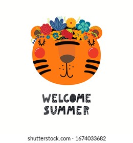 Hand drawn vector illustration of a cute tiger face in a flower crown, with lettering quote Welcome Summer. Isolated objects on white. Scandinavian style flat design. Concept for children print.