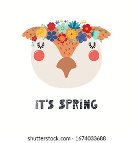 Hand drawn vector illustration of a cute owl face in a flower crown, with lettering quote Its Spring. Isolated objects on white. Scandinavian style flat design. Concept for children print.