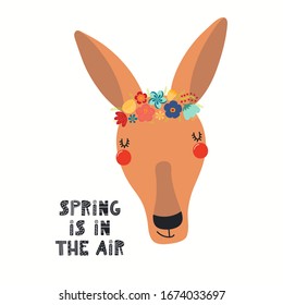 Hand drawn vector illustration of a cute kangaroo in a flower crown, with lettering quote Spring is in the air. Isolated objects on white. Scandinavian style flat design. Concept for children print.