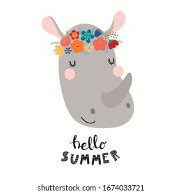 Hand drawn vector illustration of a cute rhino face in a flower crown, with lettering quote Hello Summer. Isolated objects on white. Scandinavian style flat design. Concept for children print.