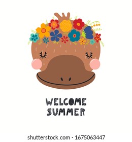 Hand drawn vector illustration of a cute platypus face in a flower crown, with lettering quote Welcome Summer. Isolated objects on white. Scandinavian style flat design. Concept for children print.