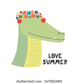 Hand drawn vector illustration of a cute crocodile face in a flower crown, with lettering quote Love Summer. Isolated objects on white. Scandinavian style flat design. Concept for children print.