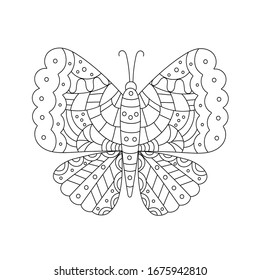 Hand drawn vector illustration. Cute butterfly on a white background, coloring book for kids. Simple form in Doodle style.