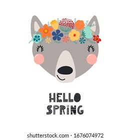 Hand drawn vector illustration of a cute wolf face in a flower crown, with lettering quote Hello Spring. Isolated objects on white. Scandinavian style flat design. Concept for children print.