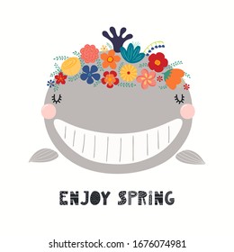 Hand drawn vector illustration of a cute whale face in a flower crown, with lettering quote Emjoy Spring. Isolated objects on white. Scandinavian style flat design. Concept for children print.