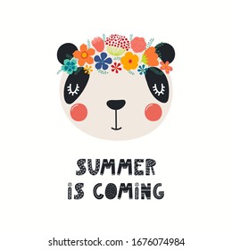 Hand drawn vector illustration of a cute panda face in a flower crown, with lettering quote Summer Is Coming. Isolated objects on white. Scandinavian style flat design. Concept for children print.