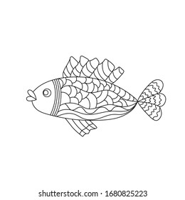  Ilustración vectorial dibujada a mano. Pescado fresco con un adorno sobre fondo blanco, libro de colorear para los niños. Forma simple en estilo Doodle.
