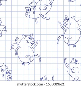 Hand Drawn Vector Illustration. Cute cartoon character. Flying pig with wings. Drawing on a checkered notebook. Coloring book page