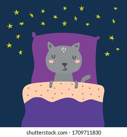 Hand drawn vector illustration of a cute funny sleeping cat. Scandinavian style flat design. Childish concept print for nursery, kids apparel,poster, postcard. Vector Illustration