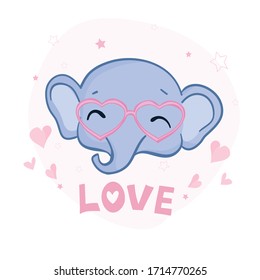 Hand drawn vector illustration of a cute baby elephant in big glasses.