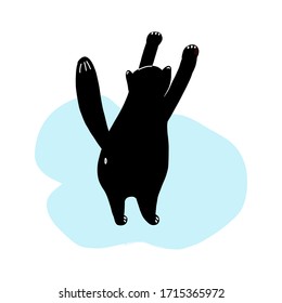 Hand drawn vector illustration of a cute funny black cat. The cat stretches standing up. Isolated objects on a white background.hand drawing.Design concept of printed poster t-shirt