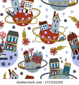 Hand drawn vector illustration. Cute cartoon. Seamless pattern. Pastel color. House, car and planet on the space. For baby textile or wallpaper. White background.