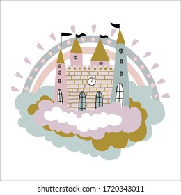 Hand drawn vector illustration. Cute cartoon magic castle. Pastel color. For baby print or poster.