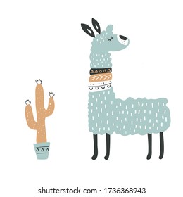 Hand drawn vector illustration of a cute funny llama and cacti. Isolated objects on white. Scandinavian style flat design. Concept for card, invite.