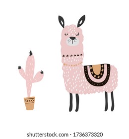 Hand drawn vector illustration of a cute funny llama and cacti. Isolated objects on white. Scandinavian style flat design. Concept for card, invite.