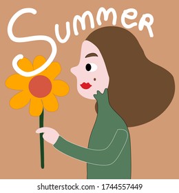 ilustración vector dibujada a mano de una linda chica de cabello largo con una camisa verde sosteniendo una gran flor y la palabra, el verano. 