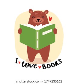 Dibujo manual de una ilustración vectorial de un lindo oso gracioso con un libro, yendo a caminar. Objetos aislados sobre fondo blanco. Diseño de estilo escandinavo. Concepto para prendas de vestir, estampado infantil.