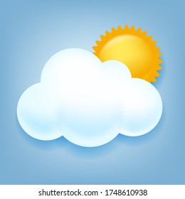 Hand drawn vector illustration of cute white cloud sun on blue background, nature background, cloudy weather symbol, icon, abstract cloud icon.