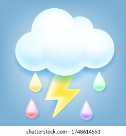 Hand drawn vector illustration of cute white clouds with thunderstorm colored raindrops on blue background, nature background, meteorological symbols, icon, abstract cloud icon