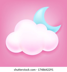 Hand drawn vector illustration of cute white clouds and blue moon on pink background, nature background, meteorological symbols, icon, abstract cloud icon