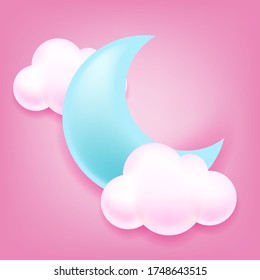 Ilustración vectorial dibujada a mano de nubes blancas lindas y luna azul sobre fondo rosa, fondo natural, símbolos meteorológicos, icono, icono de nube abstracta