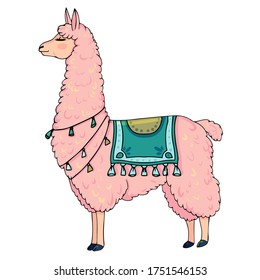 
Hand drawn vector illustration of a cute funny llama. Pink color isolated on white background