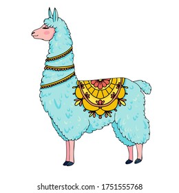 
Hand drawn vector illustration of a cute funny llama. Blue color isolated on white background