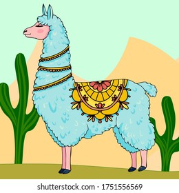 
Hand drawn vector illustration of a cute funny llama.Blue color isolated on color background, green cactus