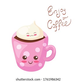 Hand drawn vector illustration with cute smiling coffee cup character. Kawaii food & drink design concept. Kids menu, post card decoration. Cartoon funny & happy mascot isolated on white background.
