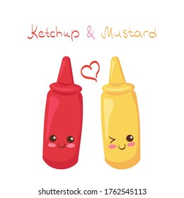 Hand drawn vector illustration with cute smiling Ketchup & Mustard characters. Kawaii food design concept. Kids menu, post card decoration. Cartoon funny & happy mascot isolated on white background.