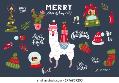 Hand drawn vector illustration of a cute funny llama with cactus gifts and text merry christmas. Scandinavian style flat design. Concept for Christmas card, invite.