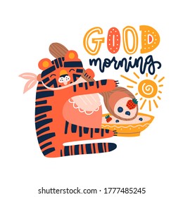 Hand drawn vector illustration of a cute tiger eating cereal, with lettering quote Good morning. Isolated objects on white background. Scandinavian style flat design. Concept for children print