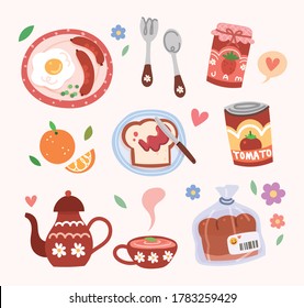 Hand drawn vector illustration with cute breakfast elements. Bread, toast, jam, canned tomatoes, spoon and fork, teapot, orange.