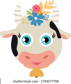 Hand drawn vector illustration cute cow face in flower crown  Vector Illustration 