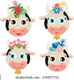 Hand drawn vector illustration cute cow face in flower crown  Vector Illustration 