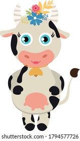 Hand drawn vector illustration cute cow in flower crown   Cow character 