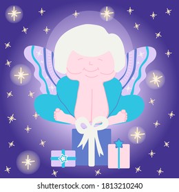 Hand drawn vector illustration of a cute Christmas angel with gifts. Christmas spirit collection