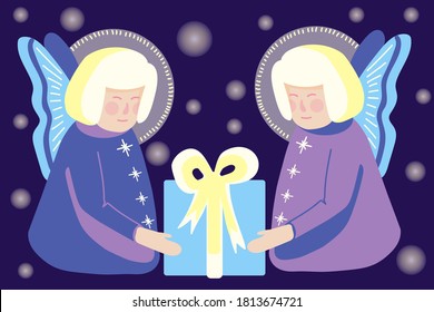 Hand drawn vector illustration of a cute Christmas angels with gift. Christmas spirit collection