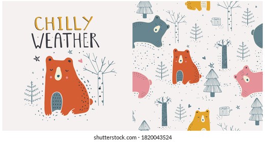 Hand drawn vector illustration of cute white bear with winter forest seamless pattern. Hand drawn vector illustration