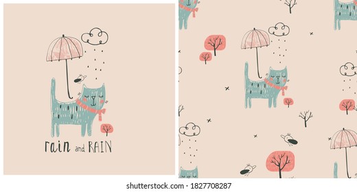 Hand drawn vector illustration of cute cat with umbrella and seamless pattern. Can be used for kids or baby shirt design