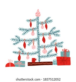 Dibujo manual de una ilustración vectorial de un lindo árbol de Navidad decorado con cajas de regalo. Objetos aislados sobre fondo blanco. Diseño de estilo plano. Concepto de tarjeta, invitación. Estilo higmático de mano